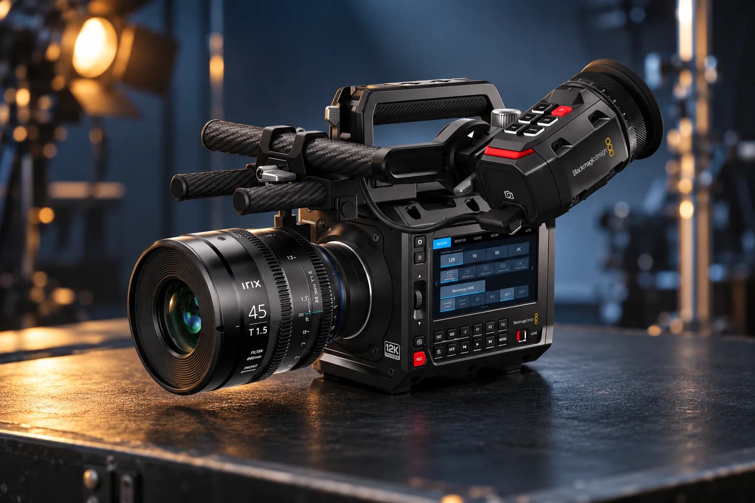 دوربین سینمایی Blackmagic PYXIS 12K با لنز و تجهیزات نصب روی میز استودیو