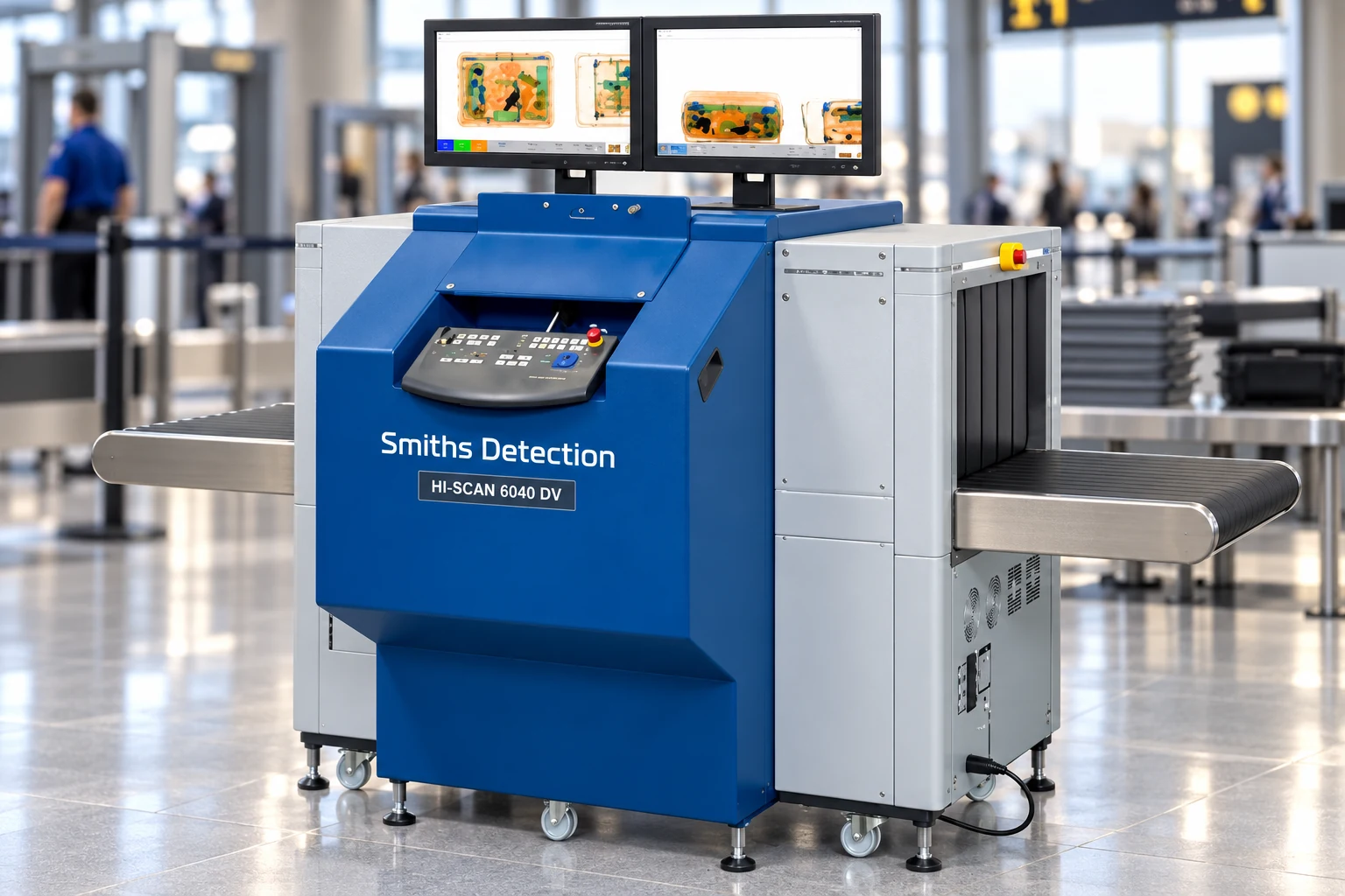 دستگاه بازرسی بار Smiths Detection HI-SCAN 6040 DV روی نقاله در محیط فرودگاه